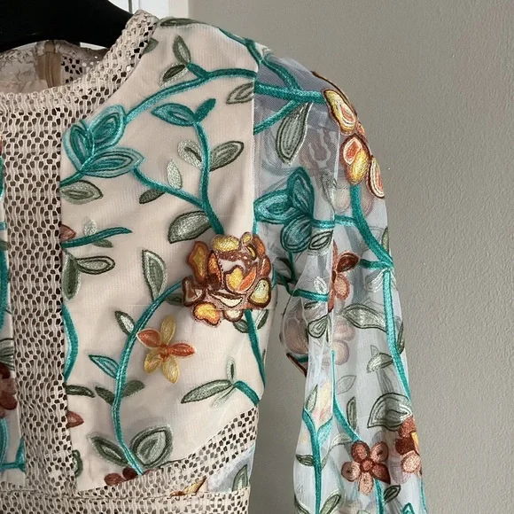 Vone Floral Embroidered Long Sleeve Mini Dress S Small Boho Black Cocktail Small - Picture 4 of 11